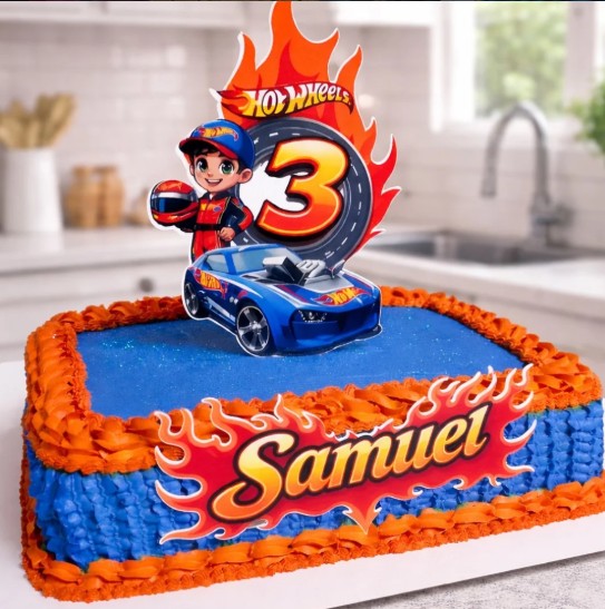 Bolo Hot Wheels do Samuel azul e laranja